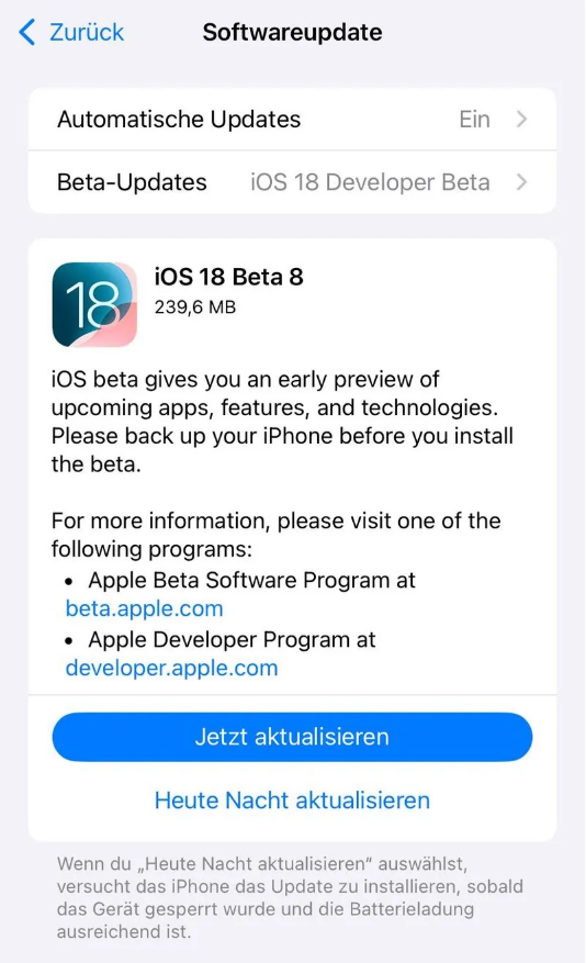 礼纪镇苹果手机维修分享苹果 iOS / iPadOS 18 开发者预览版 Beta 8 发布 